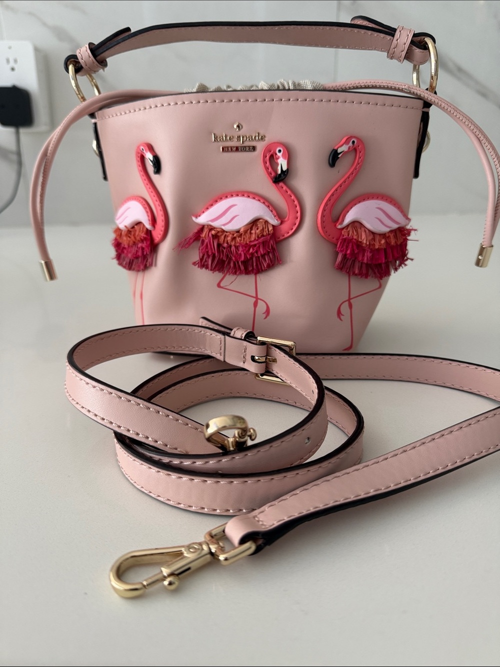 kate spade pink flamingo fringe bucket crossbody